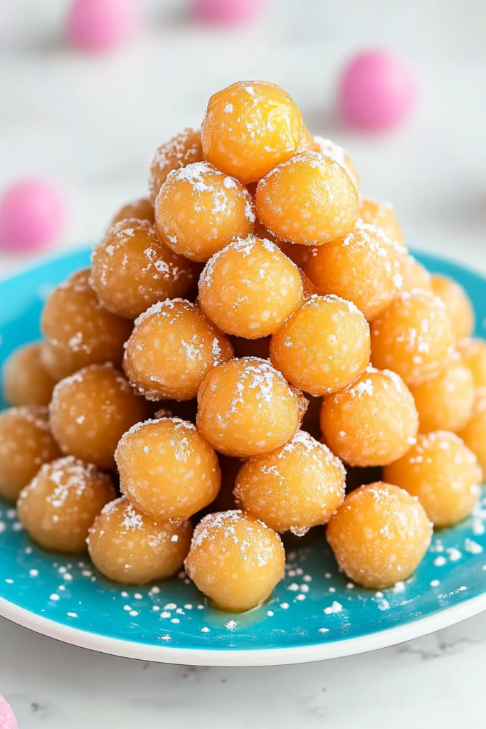 Traditional Italian dessert made of small fried dough bites covered in honey glaze.