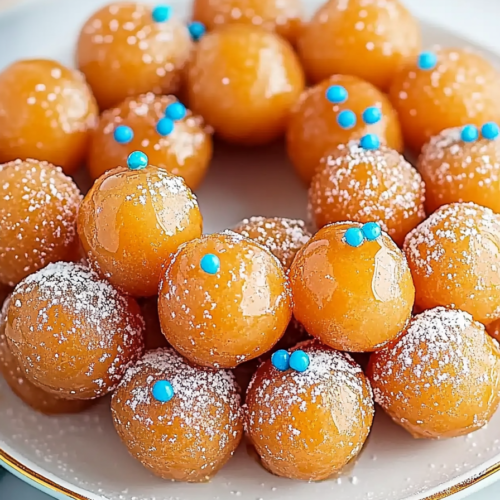 Sweet honey-coated dough balls with festive sprinkles arranged on a white plate.