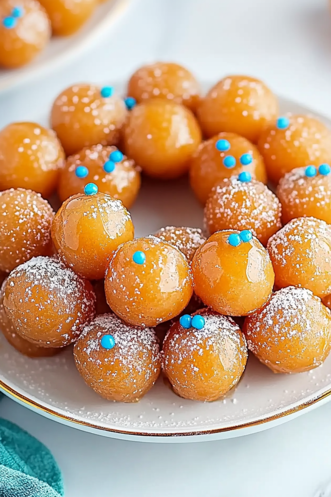 Sweet honey-coated dough balls with festive sprinkles arranged on a white plate.