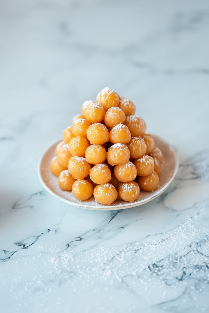 Golden fried dough balls coated in honey and topped with colorful sprinkles on a serving plate.