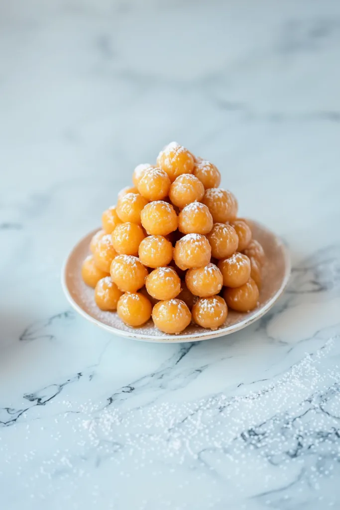 Golden fried dough balls coated in honey and topped with colorful sprinkles on a serving plate.