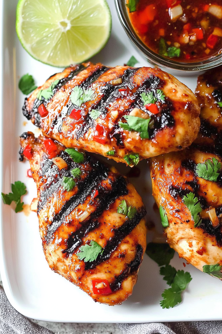 Final serving of glazed chicken highlighting texture, color contrast, and citrus garnish