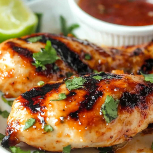 Savory grilled chicken styled with cilantro, ramekin of sauce, and halved lime in the background