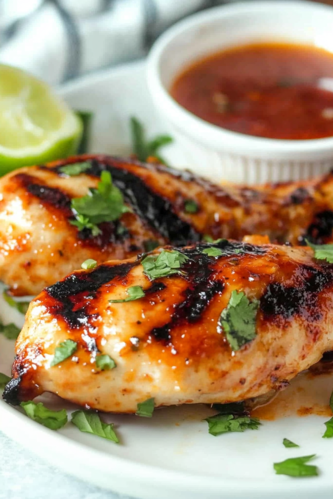 Savory grilled chicken styled with cilantro, ramekin of sauce, and halved lime in the background