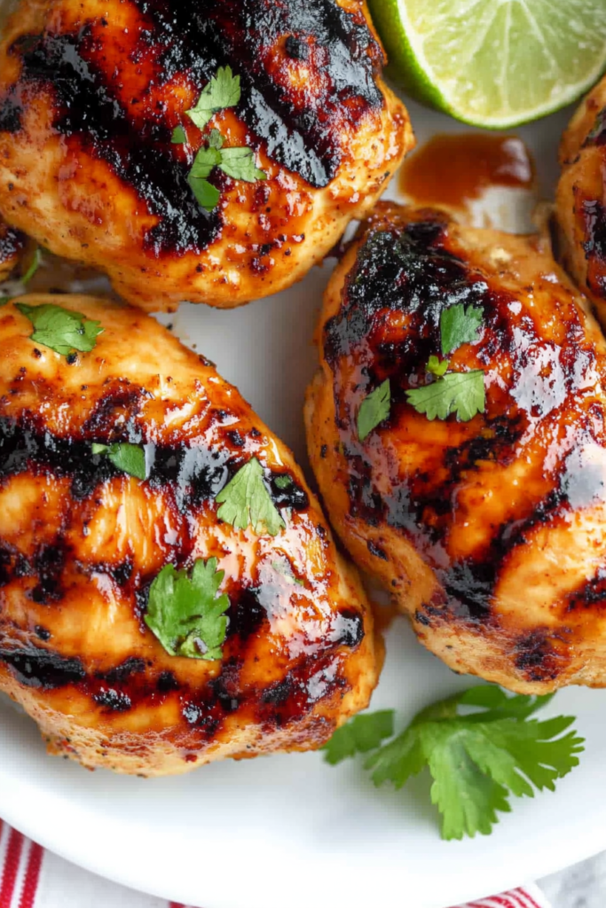 Caramelized chicken with visible grill marks and vibrant garnish for a fresh presentation