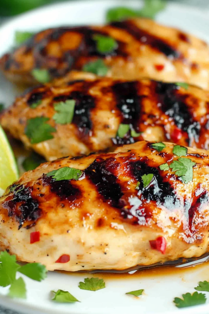 Grilled chicken breasts with glossy glaze, garnished with fresh cilantro on a white plate