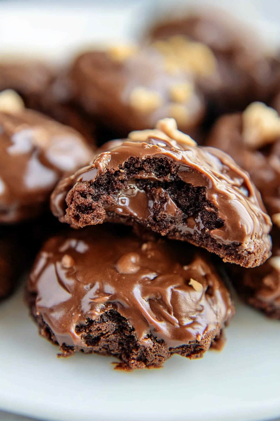 Bite taken from a fudgy cookie showing a moist interior and melted chocolate topping