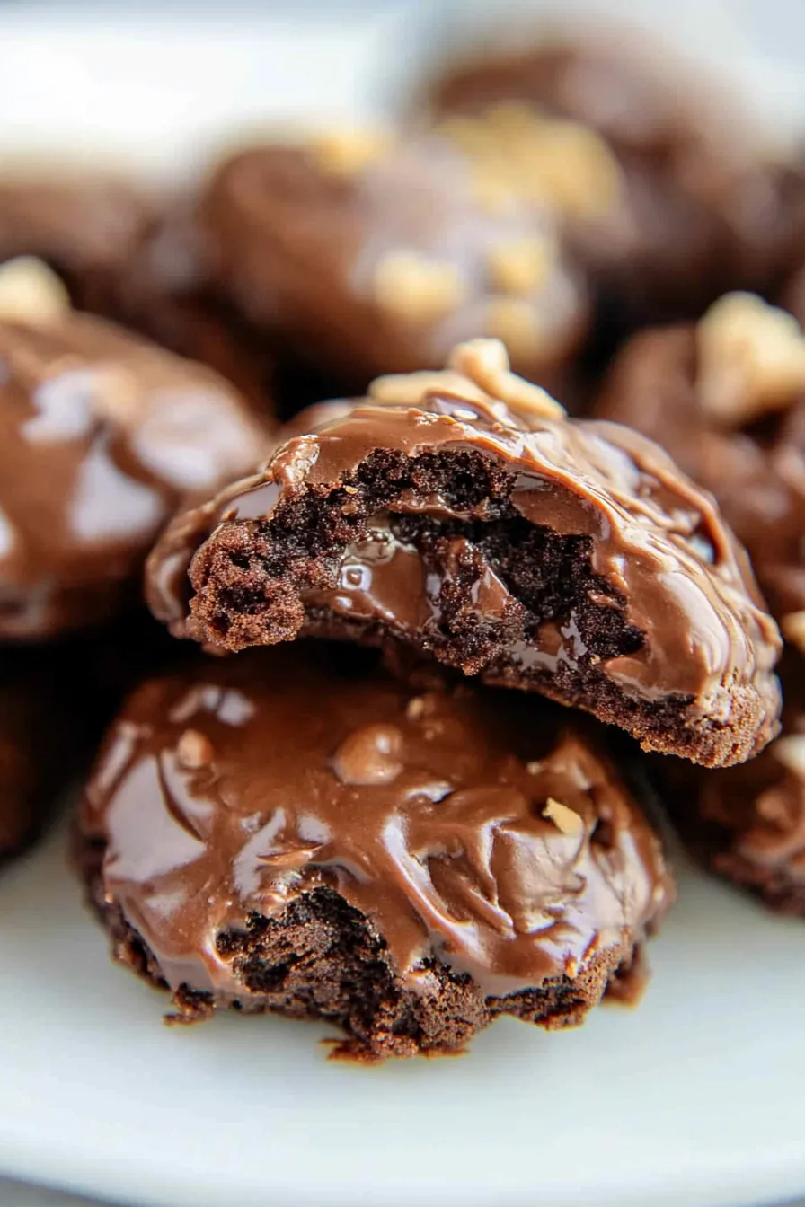 Bite taken from a fudgy cookie showing a moist interior and melted chocolate topping