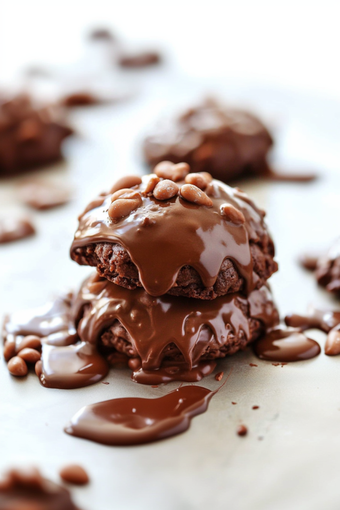 Soft chocolate cookies topped with glossy fudge icing and chopped nuts
