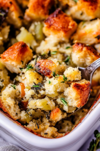 Crispy-on-the-outside, soft-on-the-inside stuffing served warm for a festive meal.