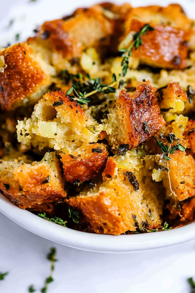 Final presentation of savory bread dressing with flecks of thyme and parsley.