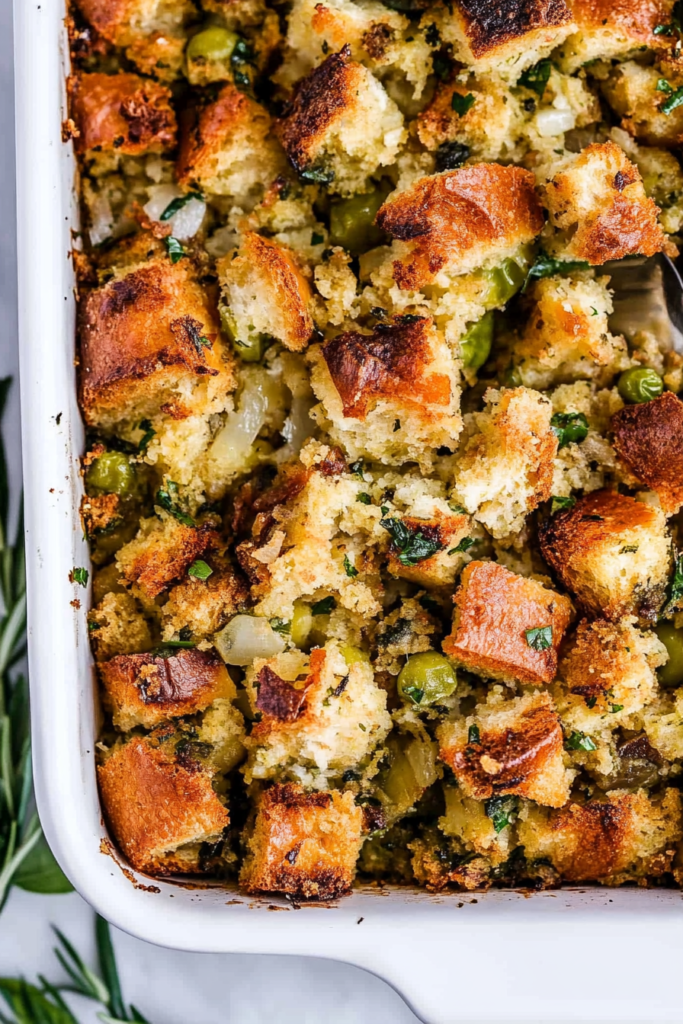 Traditional holiday stuffing highlighting its rustic texture and aromatic herbs.