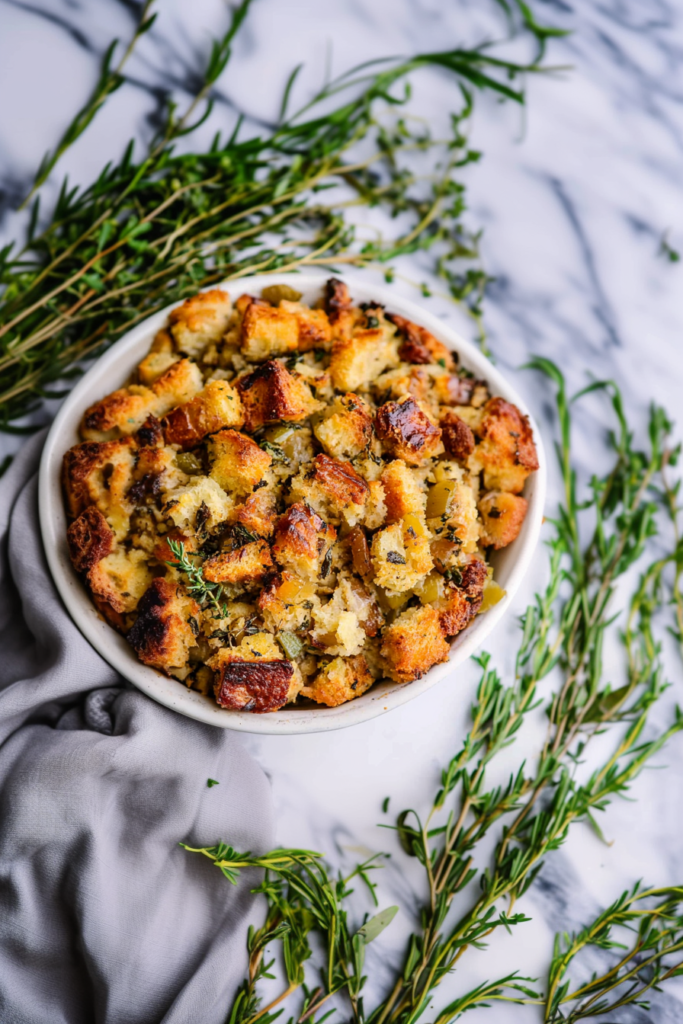 Hearty holiday side dish featuring toasted bread, celery, and onions with visible seasoning.