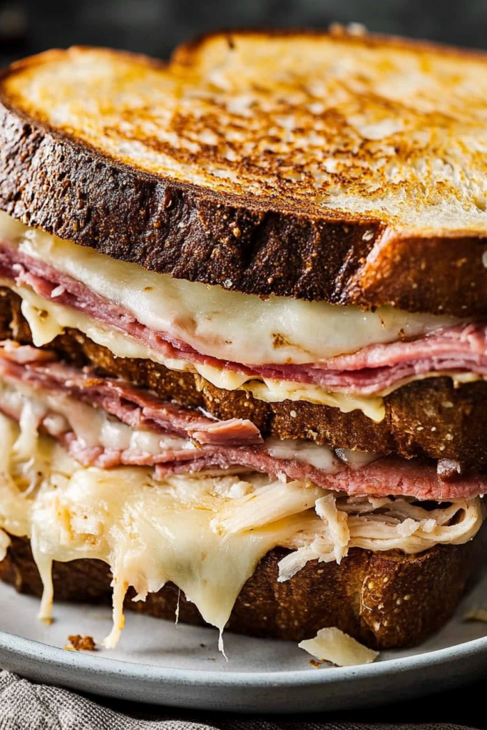 Close-up of a crispy toasted sandwich with layers of meat and gooey melted cheese
