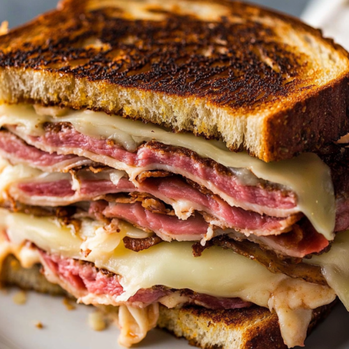 Hearty toasted sandwich cut in half with rich layers of meat and creamy melted cheese