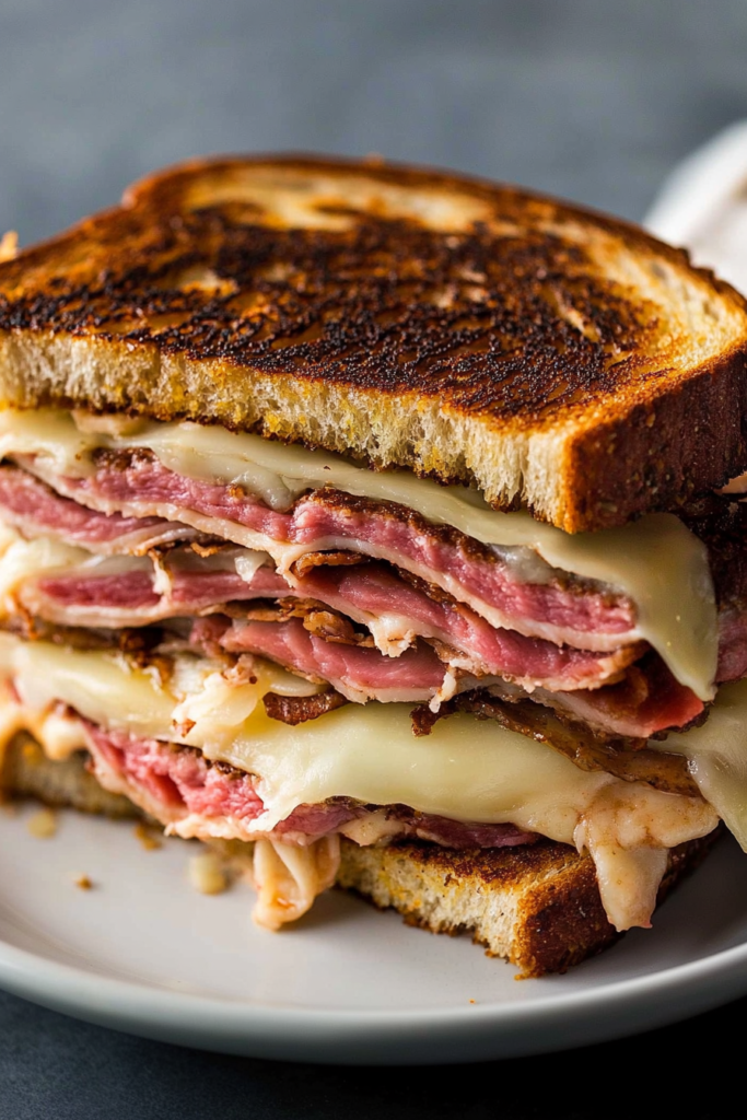 Hearty toasted sandwich cut in half with rich layers of meat and creamy melted cheese