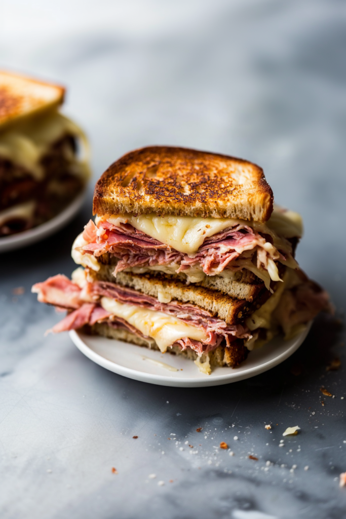 Thick deli-style sandwich with melted Swiss cheese and perfectly grilled bread