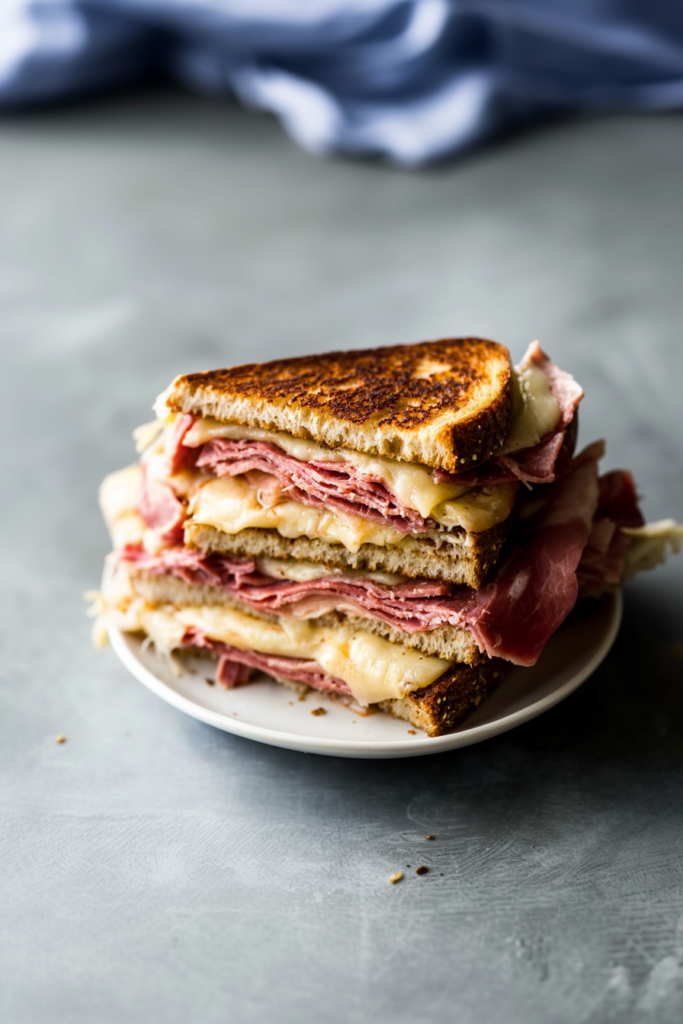 Golden grilled sandwich stacked with melted cheese, corned beef, and toasted bread