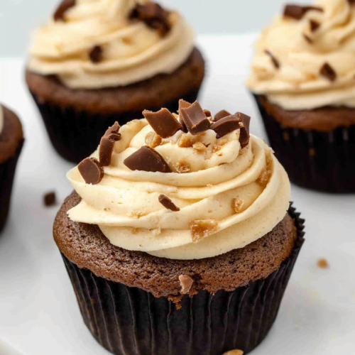 Chocolate cupcake with swirled frosting and sprinkled chocolate chunks.