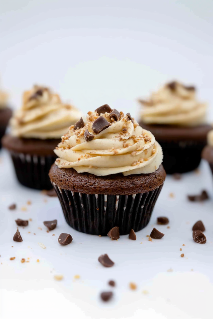 Toffee mocha cupcake with piped frosting and chocolate pieces for texture.