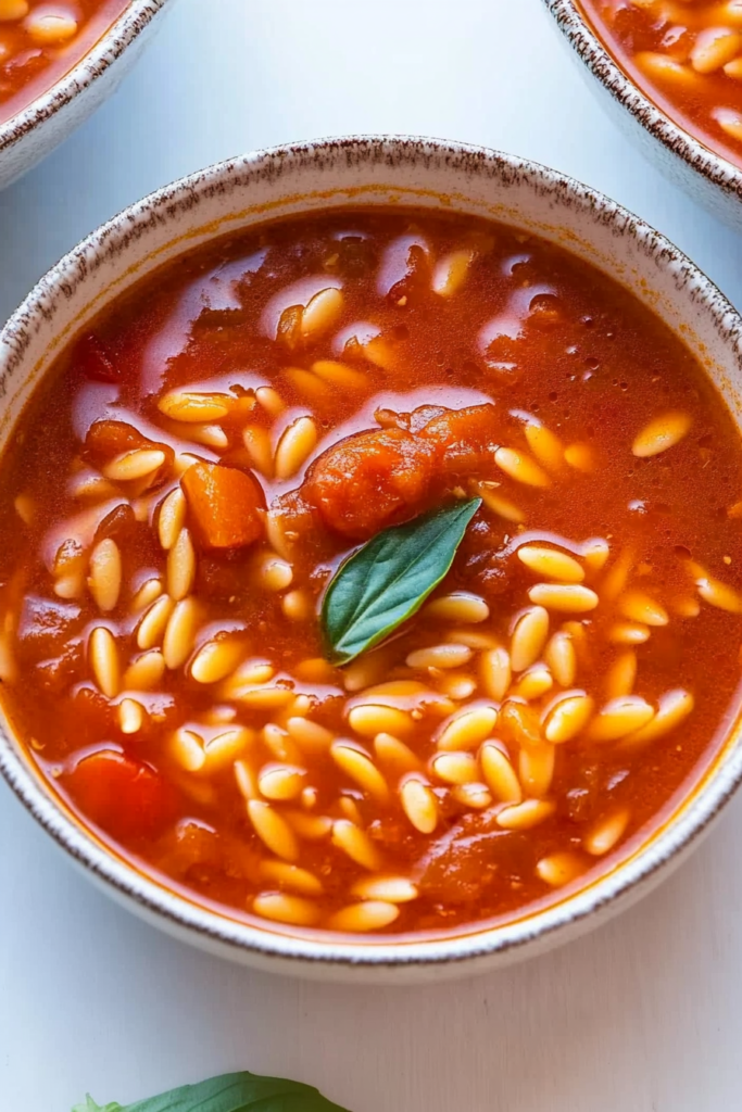 Rich homemade tomato soup with delicate orzo and herbs on top.