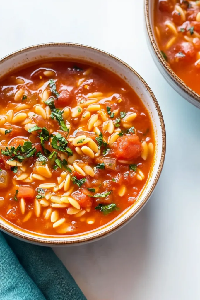 Comforting tomato and orzo pasta soup served in a ceramic bowl.
