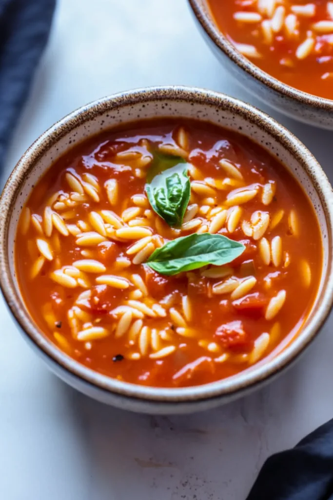 Warm red tomato broth with small pasta and a basil leaf in a rustic bowl.