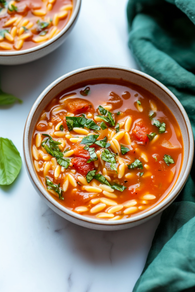 Bowl of tomato-based soup with tender orzo pasta and fresh basil garnish.