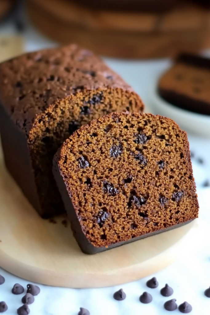 Partially sliced loaf of dark, moist bread with chocolate chips scattered on a white surface.