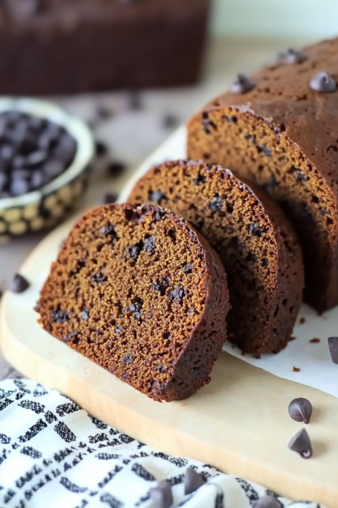 Traditional Boston Brown Bread sliced to reveal moist crumb and studded chocolate pieces.