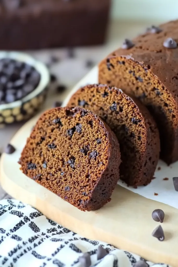 Traditional Boston Brown Bread sliced to reveal moist crumb and studded chocolate pieces.