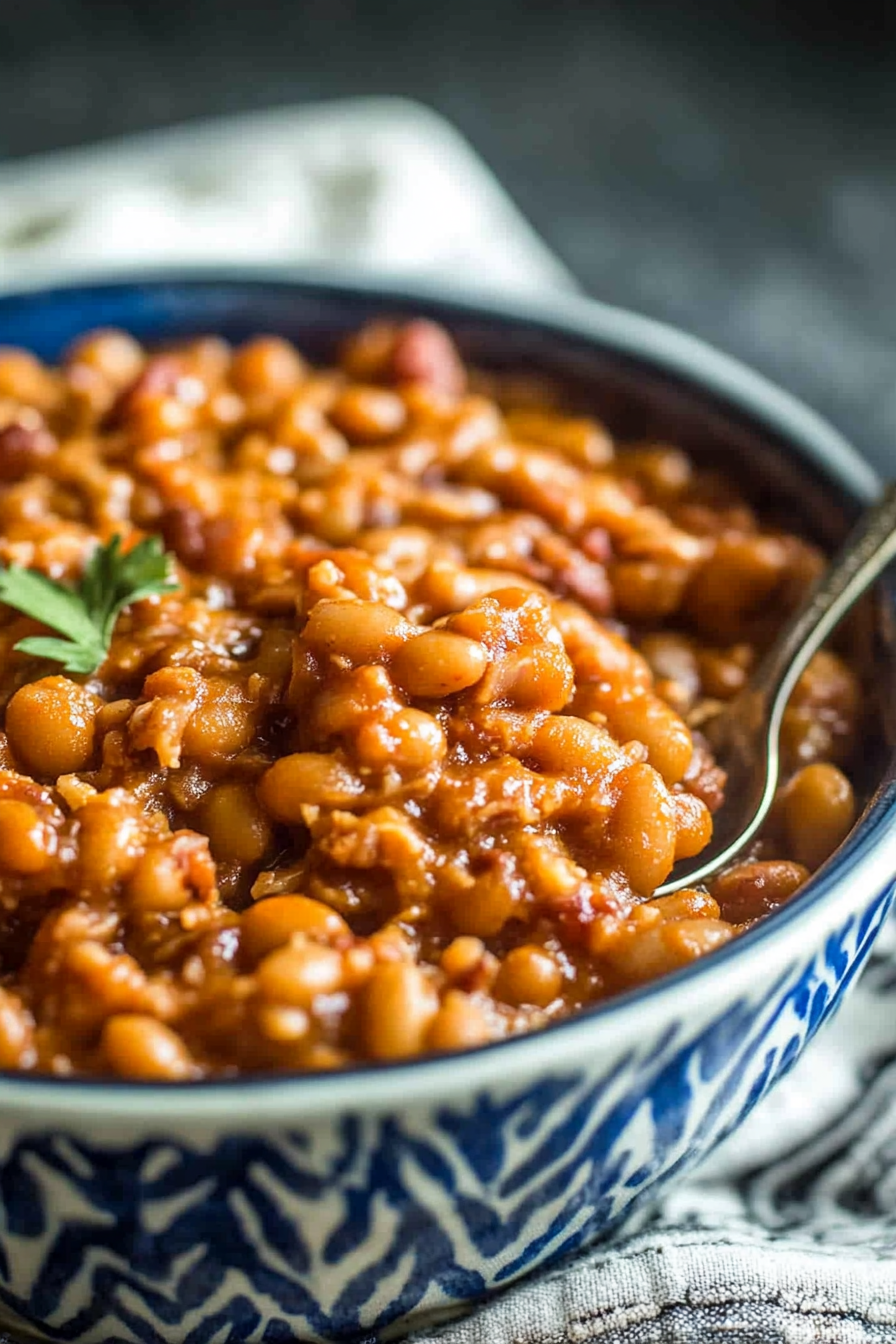 Warm homemade bean dish with a rich, slow-cooked texture in a ceramic bowl