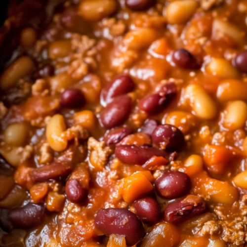Comforting bowl of saucy beans with a deep, caramelized color and hearty consistency