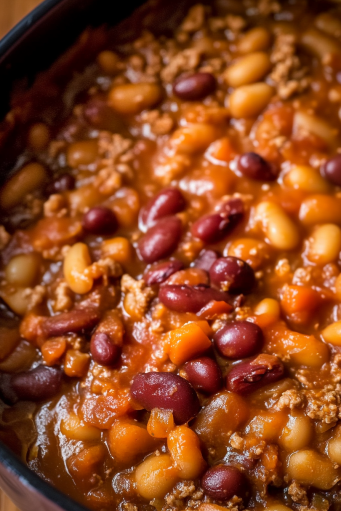 Comforting bowl of saucy beans with a deep, caramelized color and hearty consistency