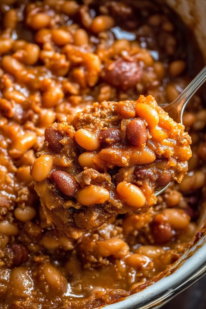 Freshly cooked bean casserole served hot, showcasing its thick and savory finish