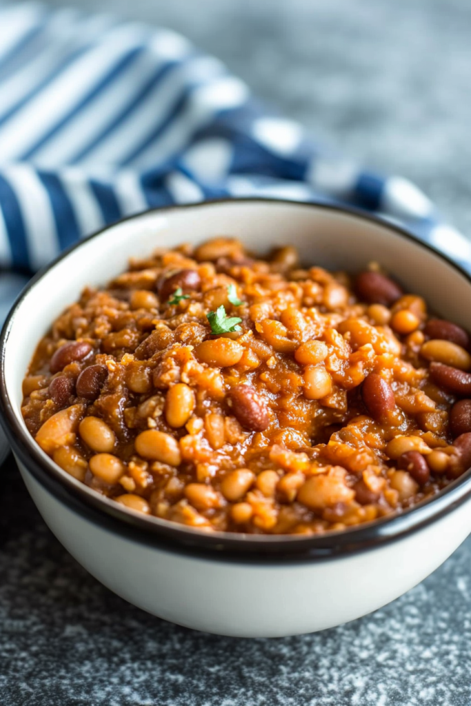 Hearty baked bean casserole in a rustic bowl, rich and glossy with a savory sauce