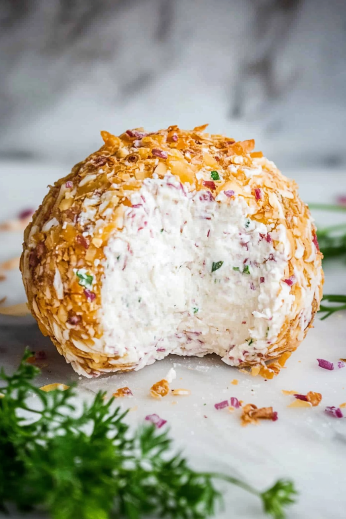 Party cheese spread shaped into a ball with visible herbs and crispy bits
