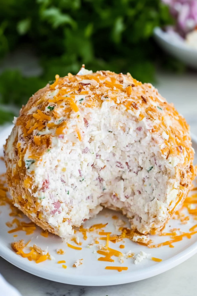 Golden-coated cheese ball on a serving plate, showing creamy turkey and herb filling inside.