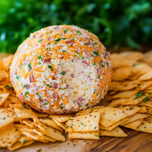 Savory cheese ball coated with herbs, bacon, and shredded cheese served with crackers