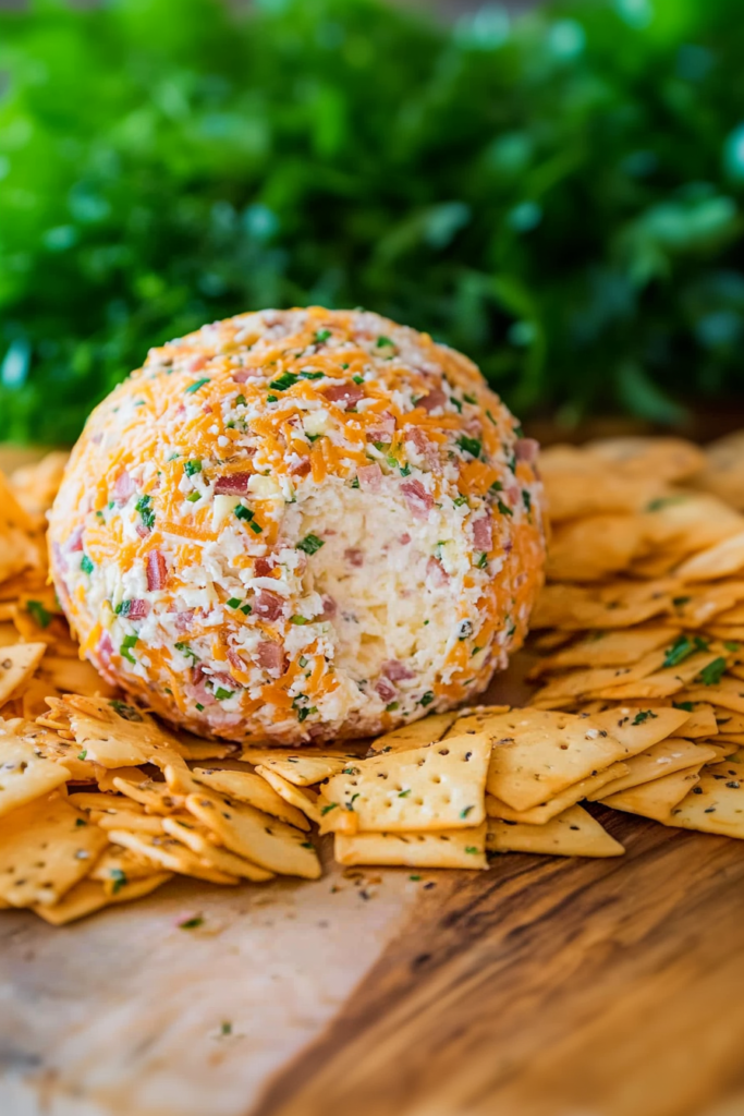 Savory cheese ball coated with herbs, bacon, and shredded cheese served with crackers