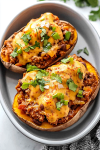 Final presentation of stuffed potatoes with rich chili filling, melted cheese, and colorful garnish