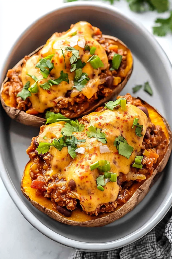Final presentation of stuffed potatoes with rich chili filling, melted cheese, and colorful garnish