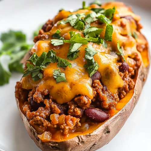 Close-up of baked potato halves overflowing with chili, beans, corn, and fresh herbs