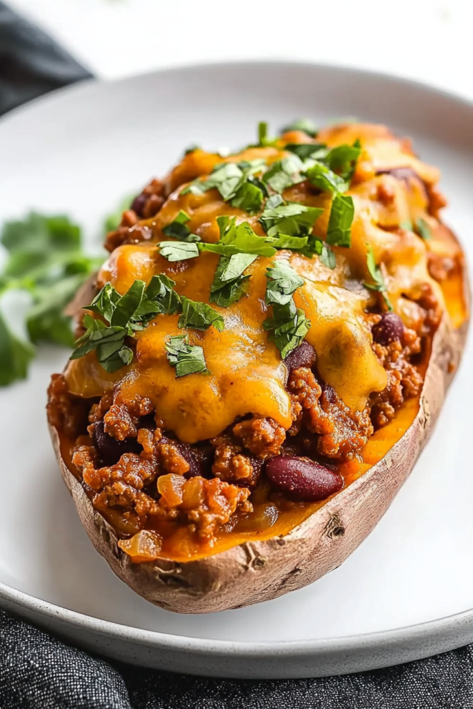Close-up of baked potato halves overflowing with chili, beans, corn, and fresh herbs