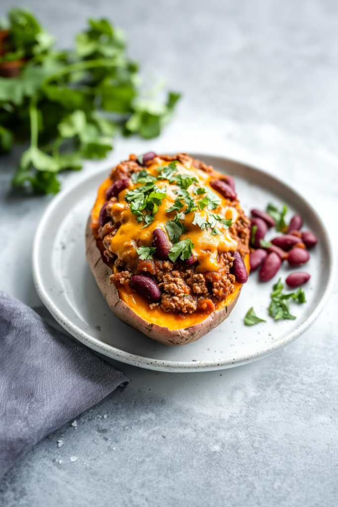 Stuffed sweet potato halves filled with chili, beans, and melted cheese, topped with fresh cilantro
