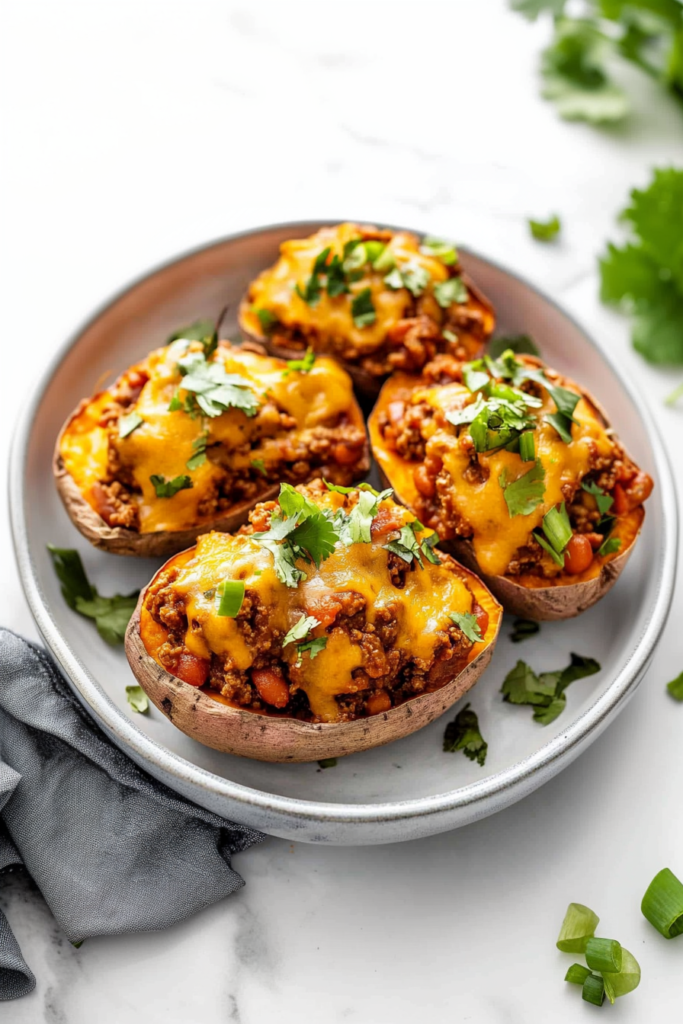Golden baked potato loaded with hearty turkey chili and garnished with chopped green onions
