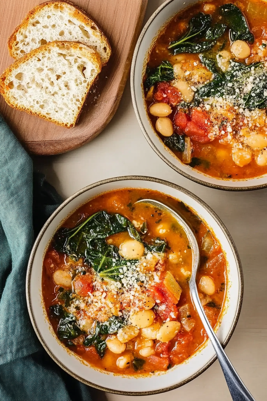 Two bowls of comforting vegetable soup with fresh garnishes and bread on the side.