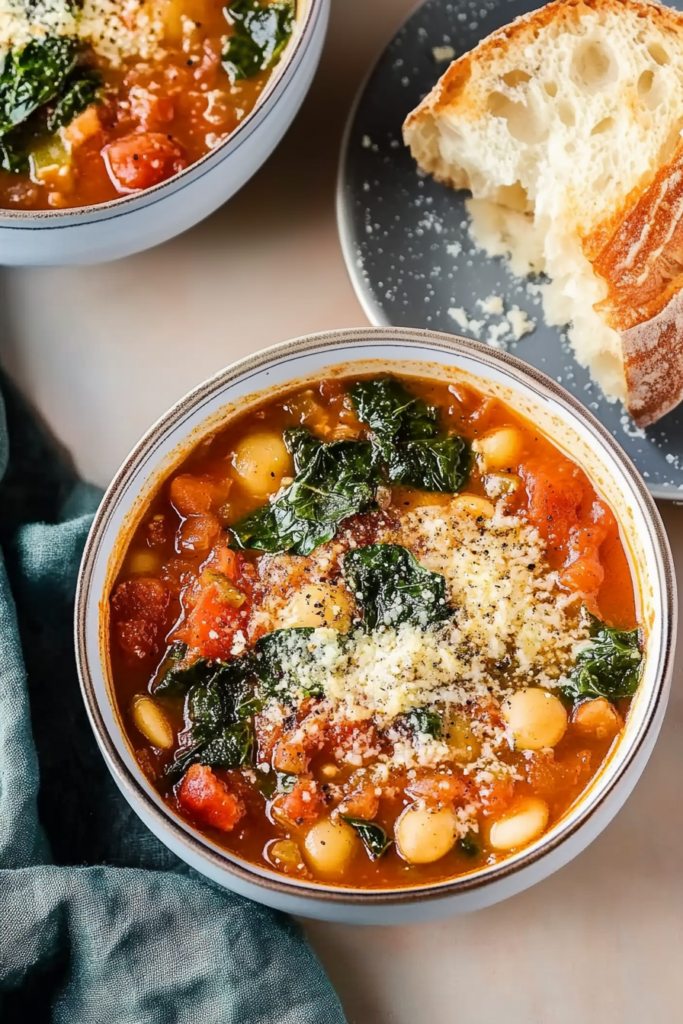 Nutritious soup filled with beans, leafy greens, and vegetables, ready to serve.