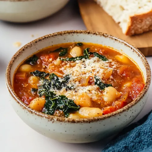 Bowls of hearty vegetable soup topped with grated cheese and black pepper.