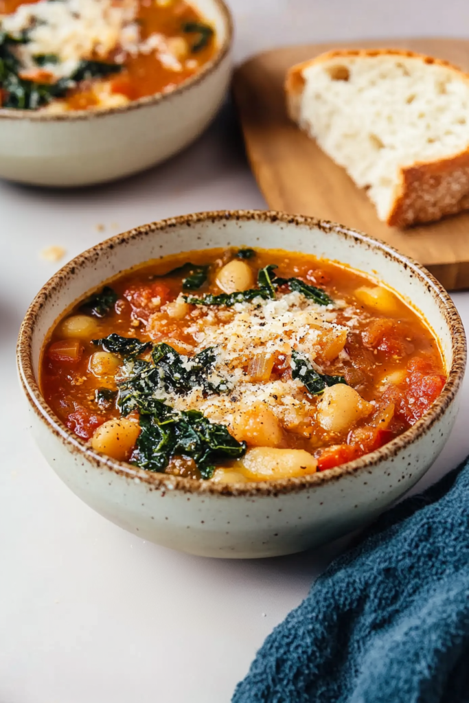 Bowls of hearty vegetable soup topped with grated cheese and black pepper.